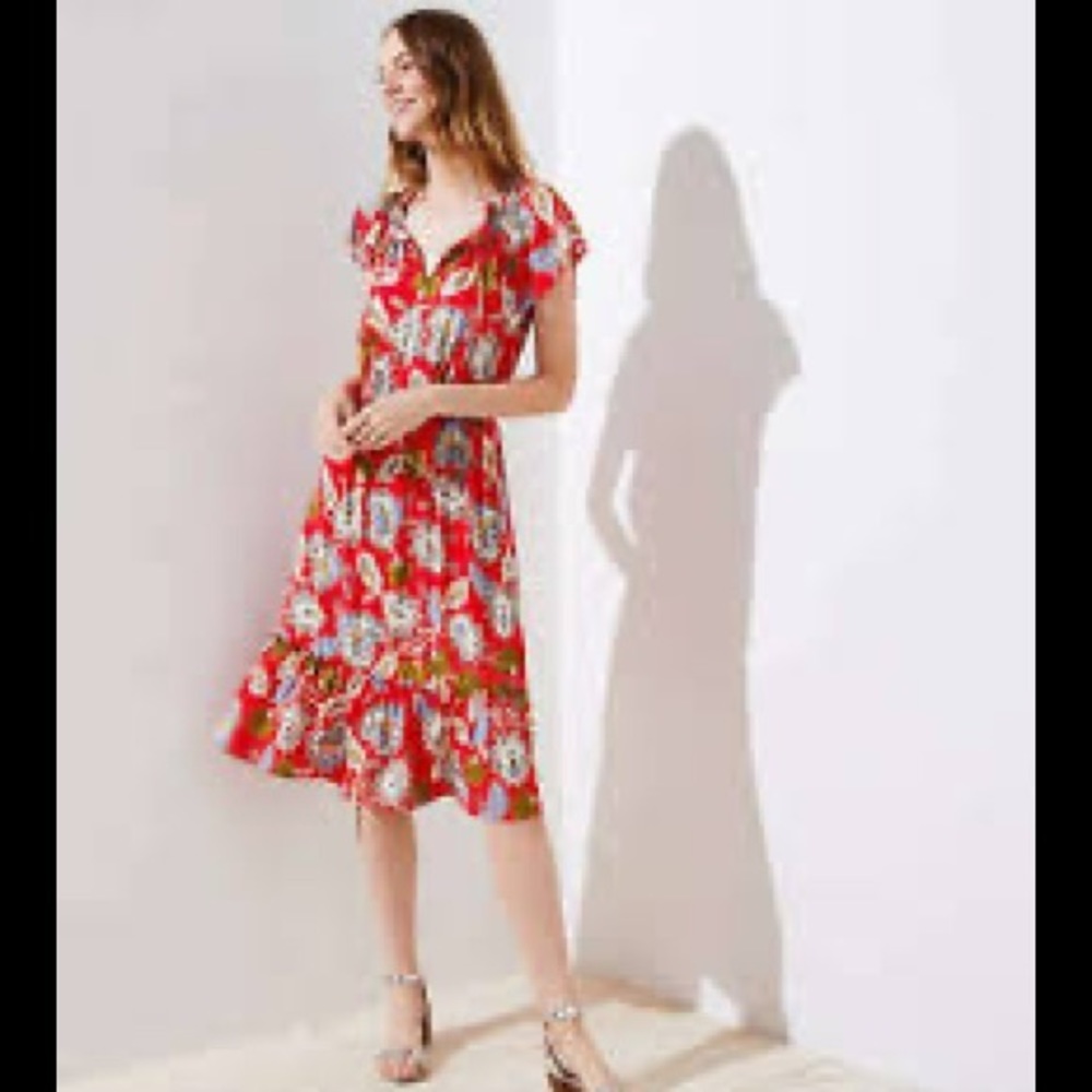 LOFT Red Flame Floral Flounce Midi Dress Rayon